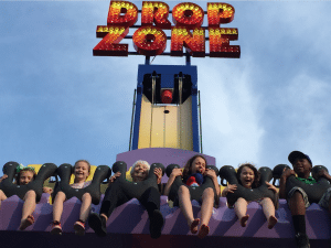 <em>Alabama Adventure offers great rides like the Drop Zone and Tea Cups. Alabama Splash Adventure Owner Pat Koch is seen here (third from left) experiencing Drop Z.</em>