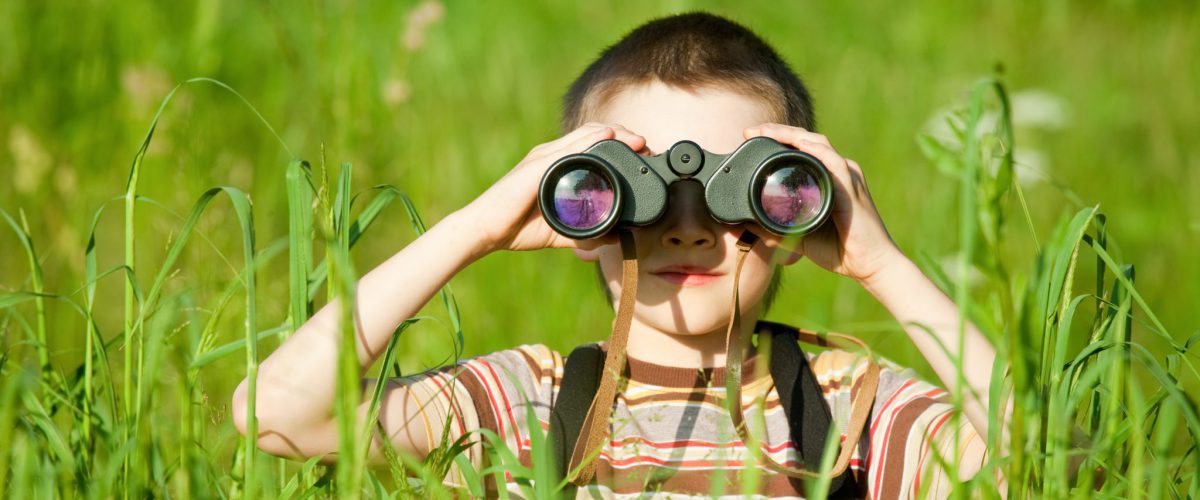 Young boy in a field looking through binoculars