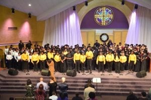 All choirs unite for a finale at the recent R.E.S.P.E.C.T. Benefit Concert at More Than Conquerors Faith Church.