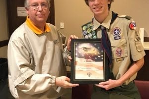 PHoto Fun Eagle Scout Ben Chambless Joe Carter with KofC Assembly 2507 s Patriotic Service Award