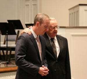 Dr. Earl Tew, former BMBA Executive Director, praying for the BMBA’s new Executive Director, Dr. Chris Crain, at his installation service earlier this year.