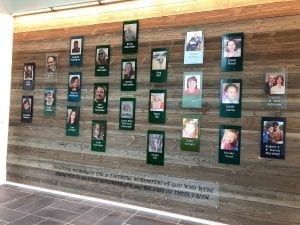 The 26 plaques include each victim’s picture, which was placed on stained glass pieces. Family member plaques are of the same color.  Photo Credit: Jane Rodgers, North American Mission Board