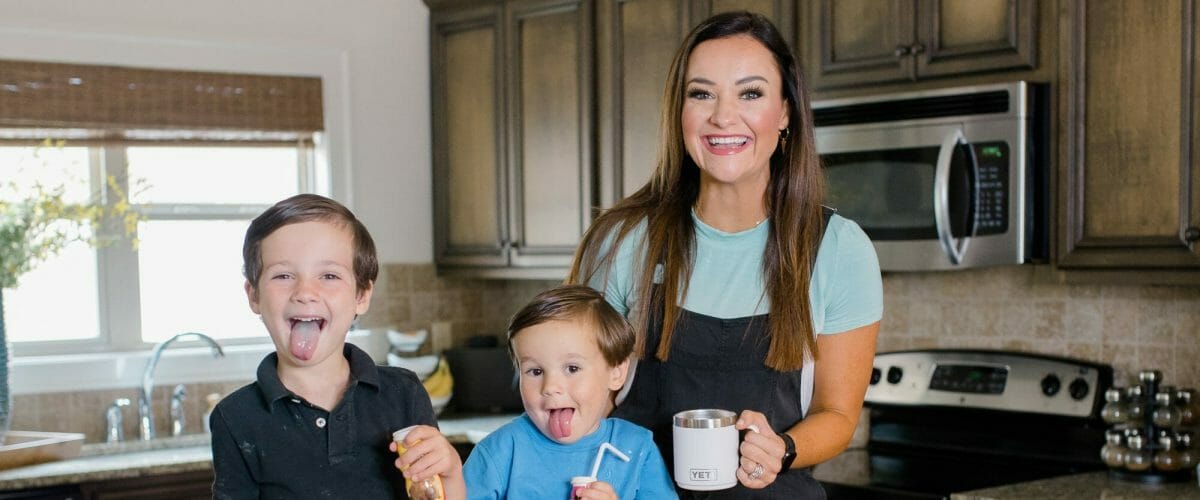 Heather Brown and sons in kitchen