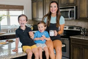 Heather Brown and sons in kitchen