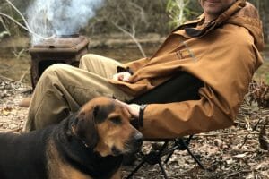 Walt Merrell outside with dog