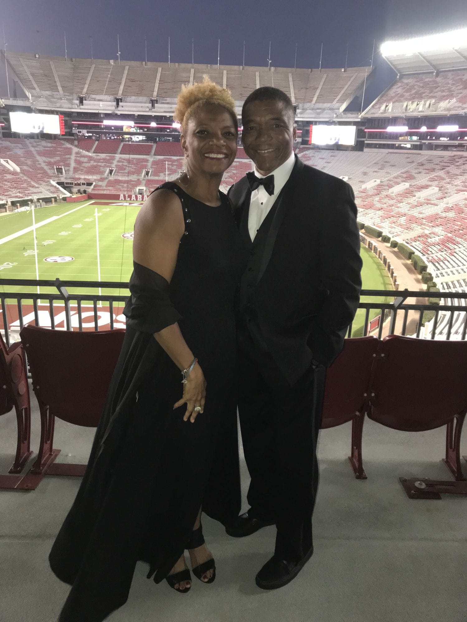 Jean and Jeremiah in black outfits at Bryant Denny