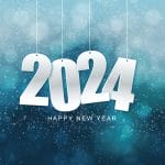 Happy new year 2024. Hanging white paper number with confetti on