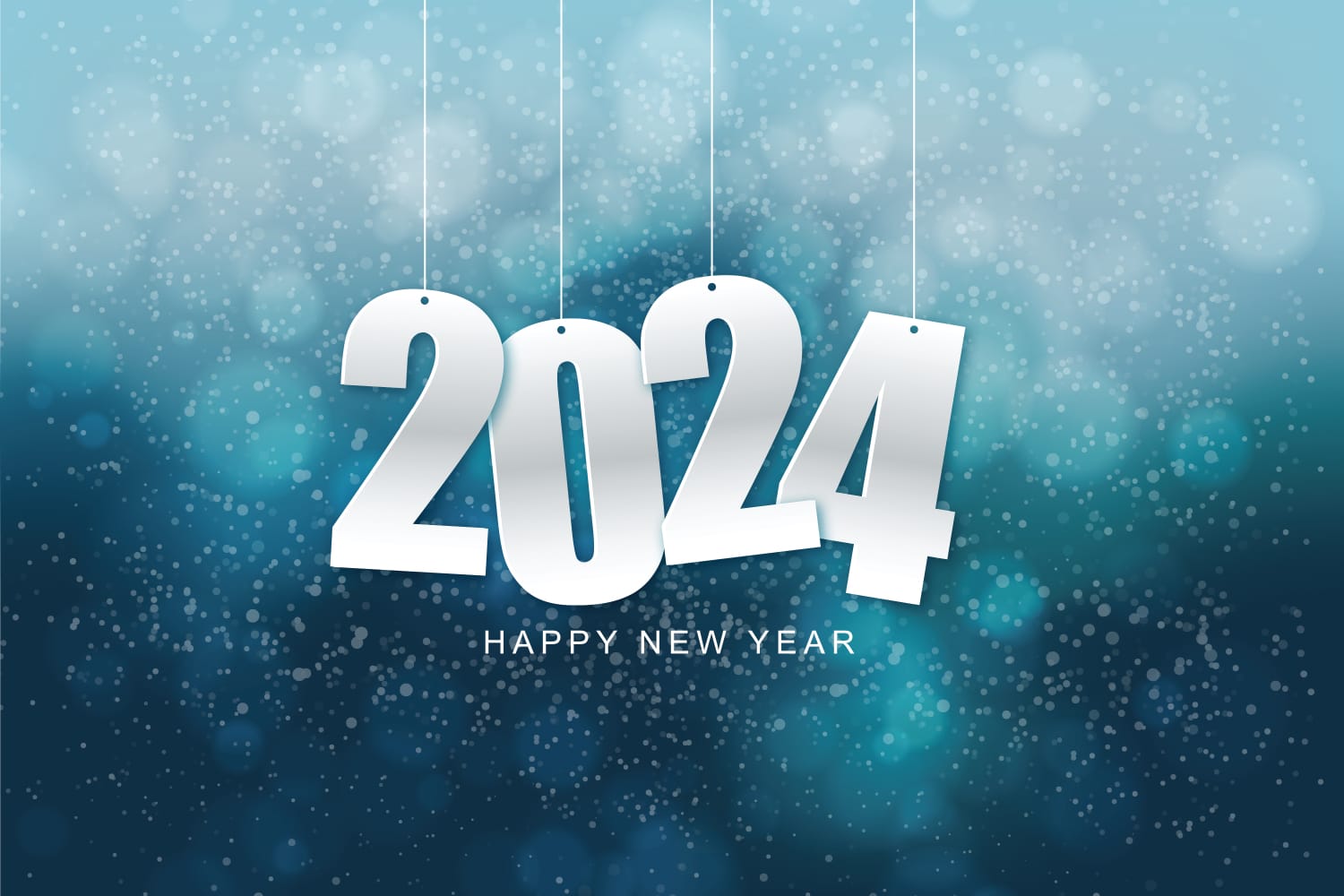 Happy new year 2024. Hanging white paper number with confetti on