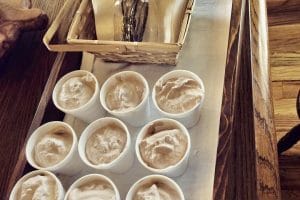 Ice cream in cups on tray